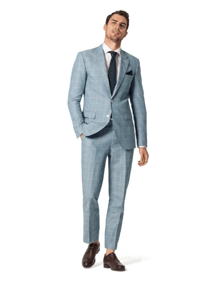 Traje de novio azul claro de algodón-lino a cuadros — imagen 1